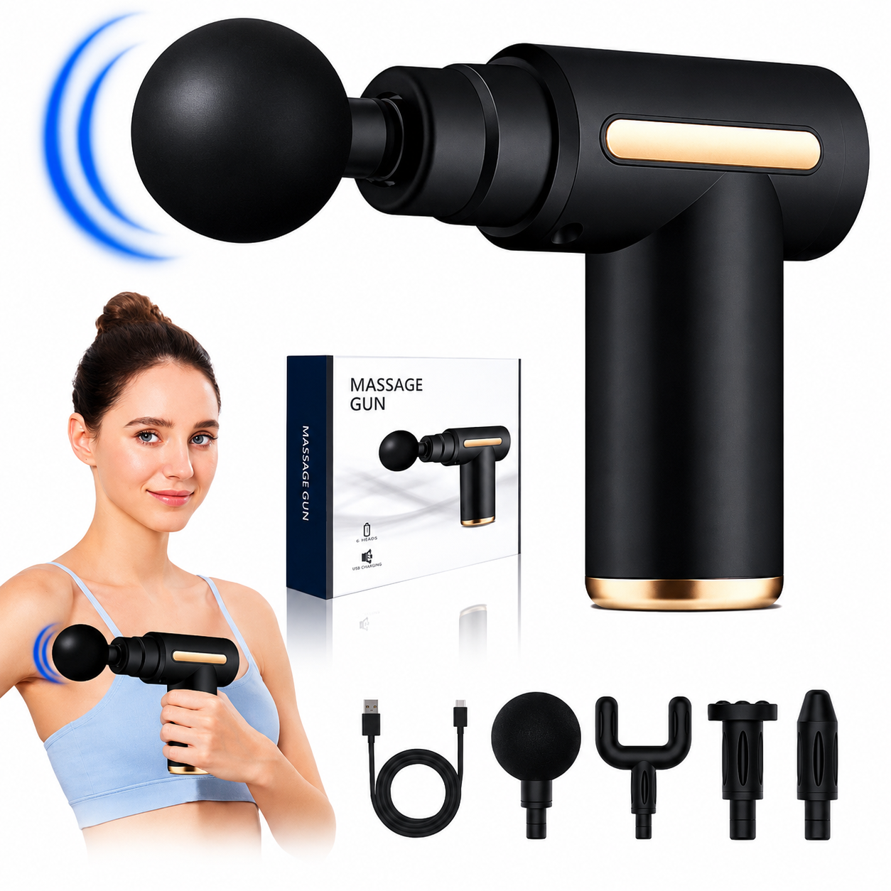 Premium Mini Rechargeable Massage Gun with 4 Replaceable Heads